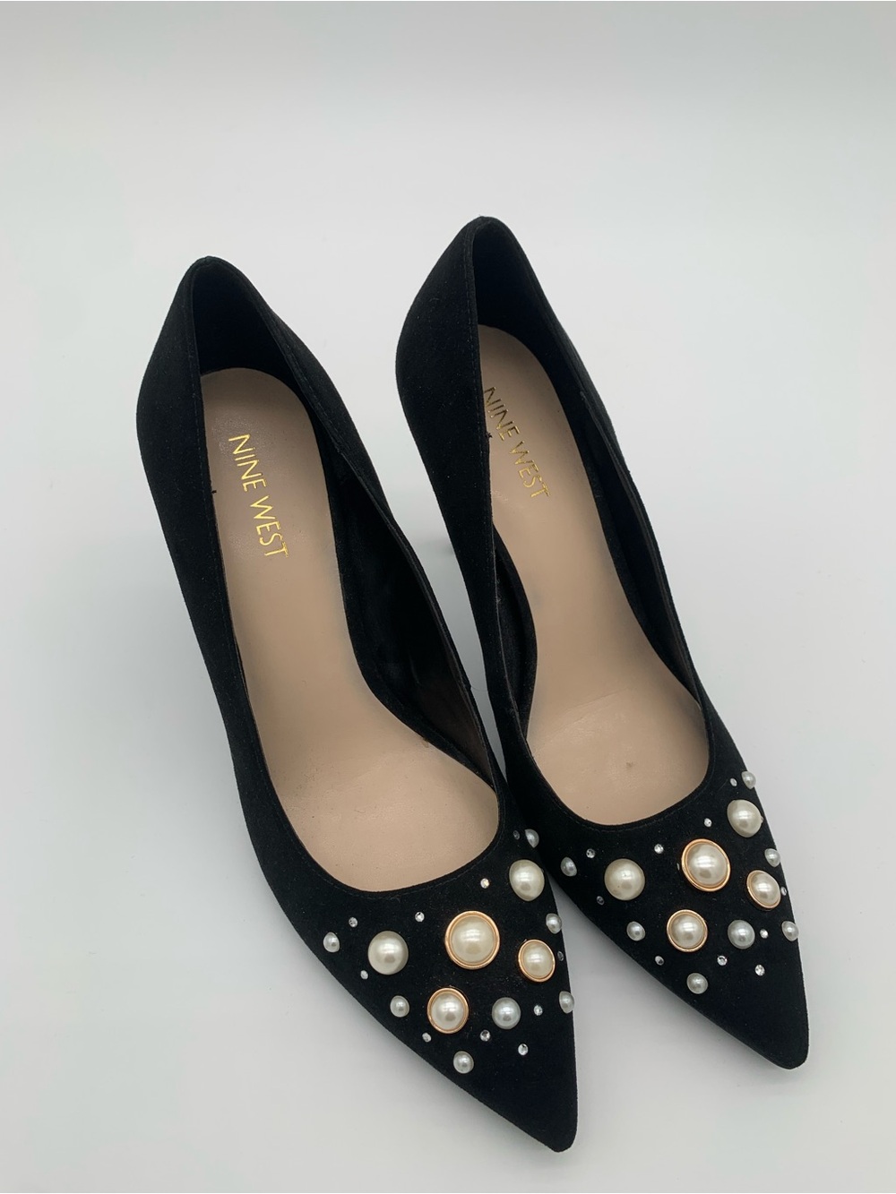 Nine West Black Pointed-Toe Pearl & Stud Embellished Pumps